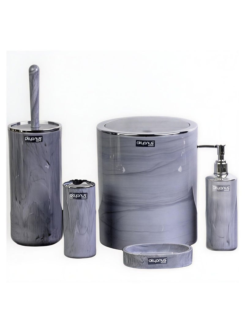 اوكانيوس  طقم حمام أوكايانوس بإطار فضي، سلة سعة 5 لترات، موزع صابون، حامل صابون، فرشاة مرحاض، حامل فرشاة أسنان ومعجون أسنان، بنقشة رخامية رمادية - Image 1